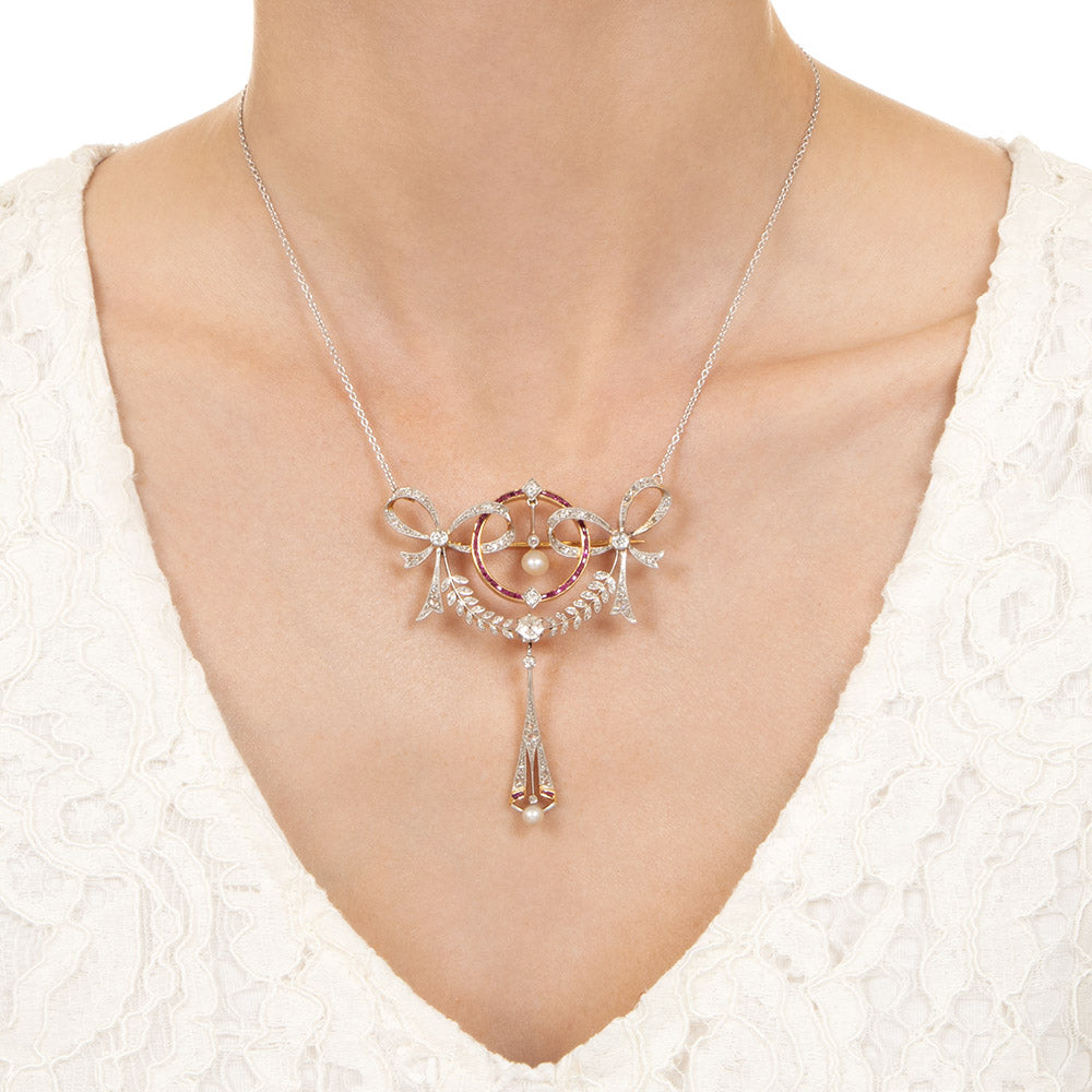 Large Edwardian Diamond, Ruby and Pearl Bow Pendant - 4