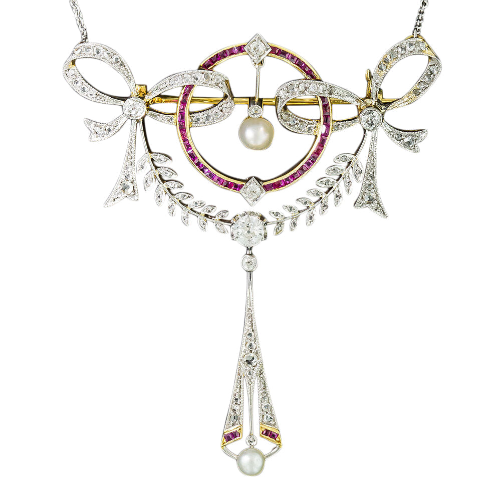 Large Edwardian Diamond, Ruby and Pearl Bow Pendant - 4