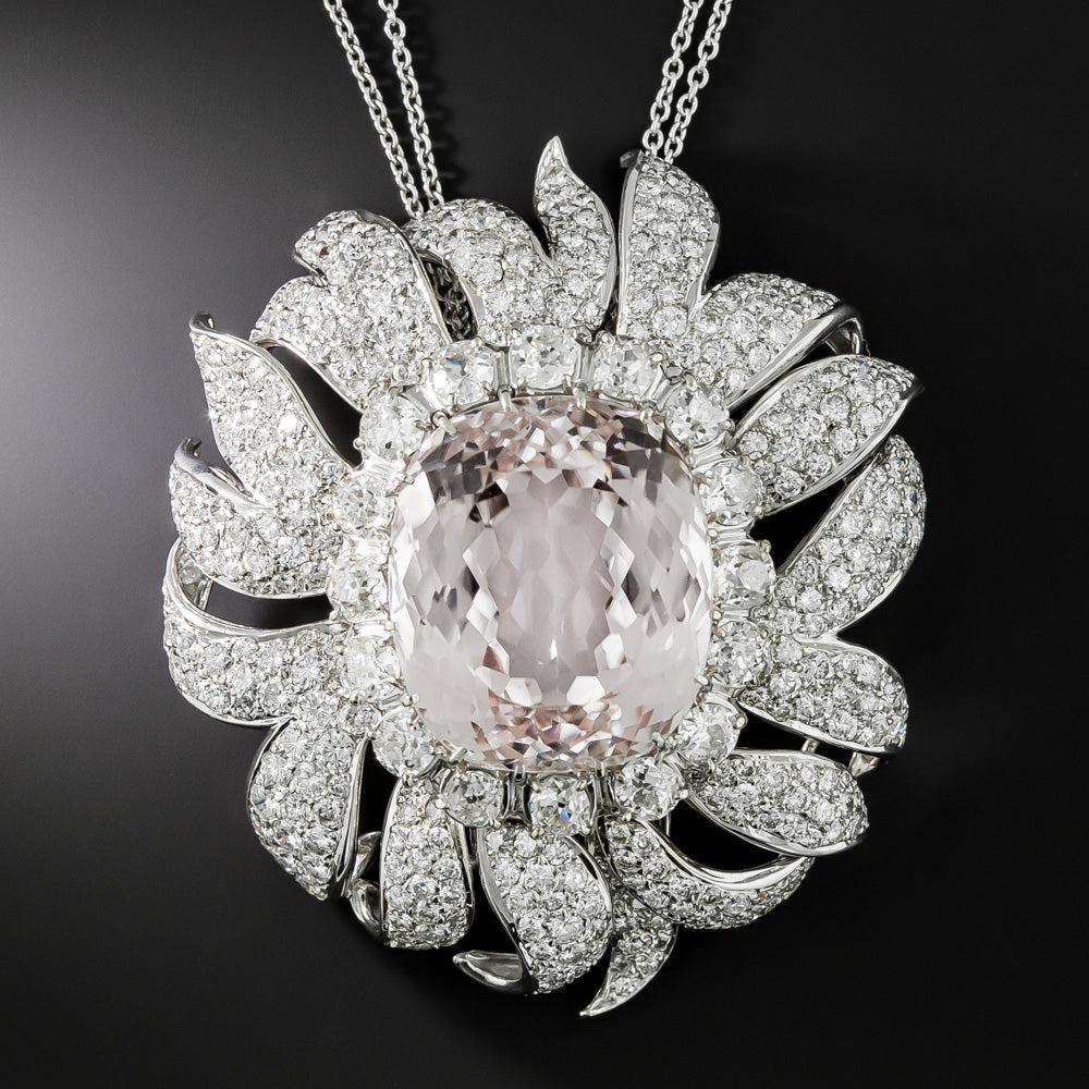 Large Kunzite and Diamond Pendant/Clip Brooch, Circa 1950s - 1