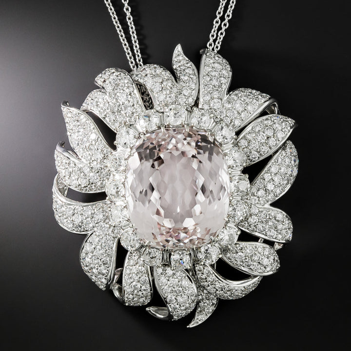 Large Kunzite and Diamond Pendant/Clip Brooch, Circa 1950s