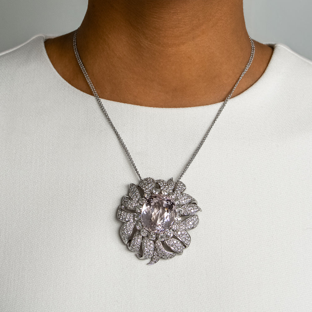 Large Kunzite and Diamond Pendant/Clip Brooch, Circa 1950s - 4