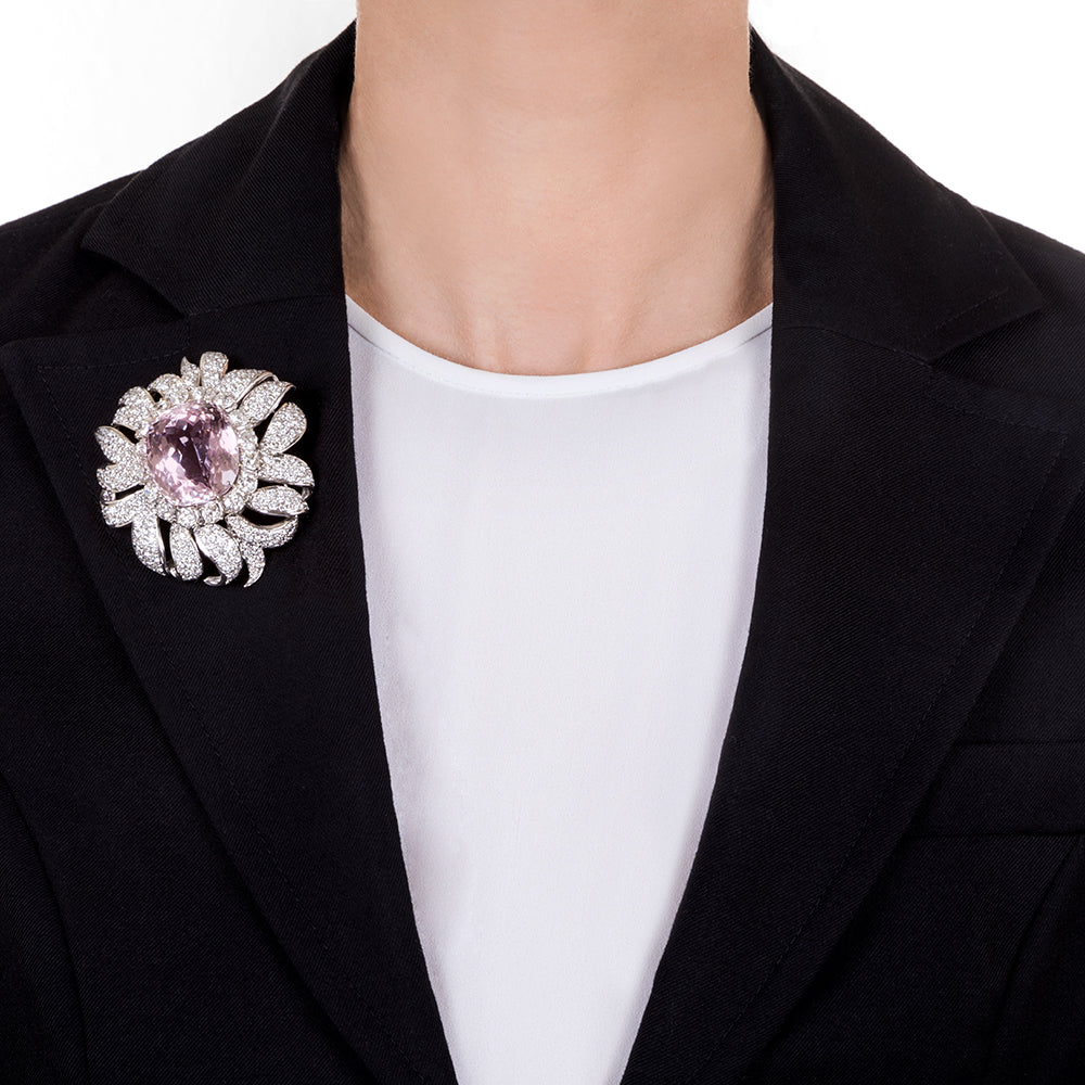 Large Kunzite and Diamond Pendant/Clip Brooch, Circa 1950s - 5