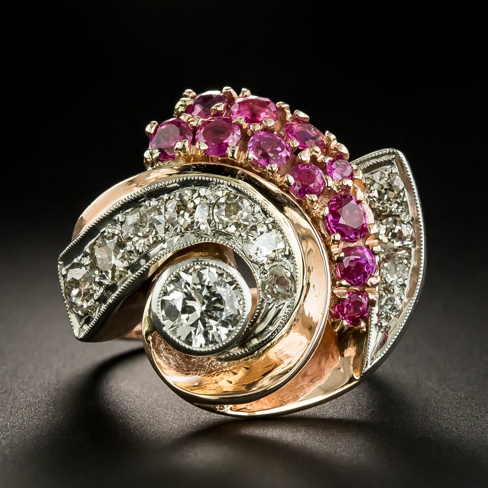 Large Retro Diamond and Ruby Swirl Ring - 2