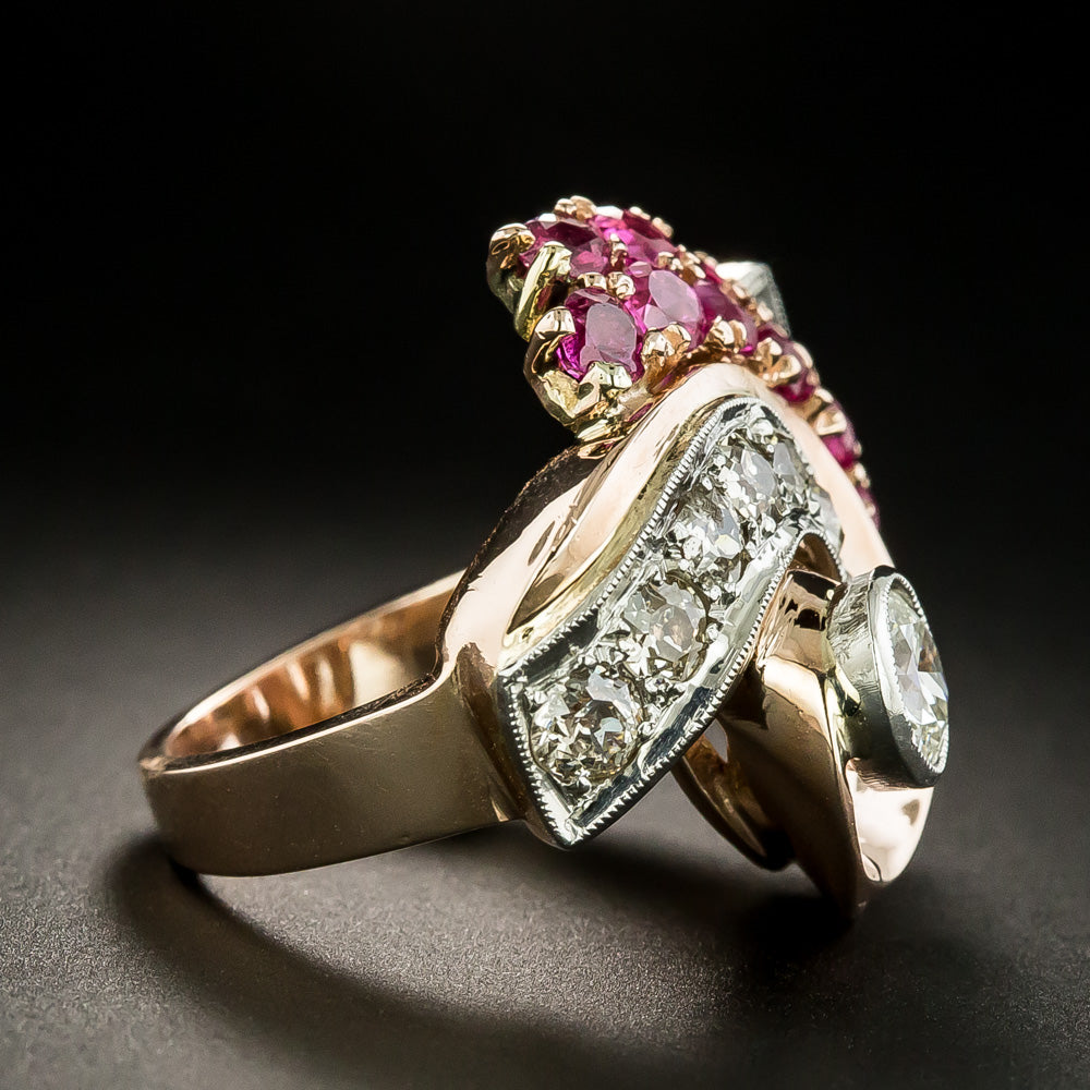 Large Retro Diamond and Ruby Swirl Ring - 3