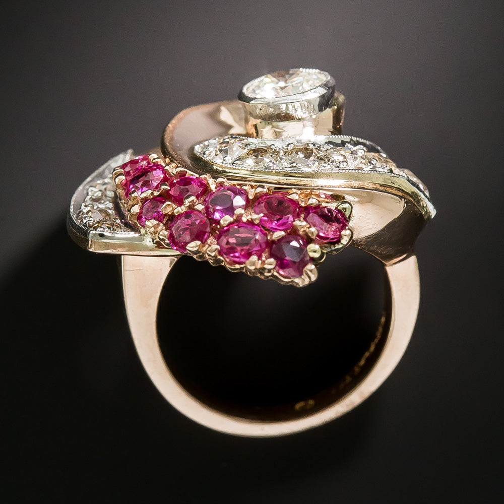 Large Retro Diamond and Ruby Swirl Ring - 4