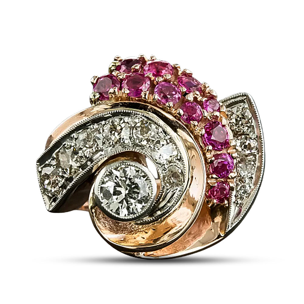 Large Retro Diamond and Ruby Swirl Ring - 5