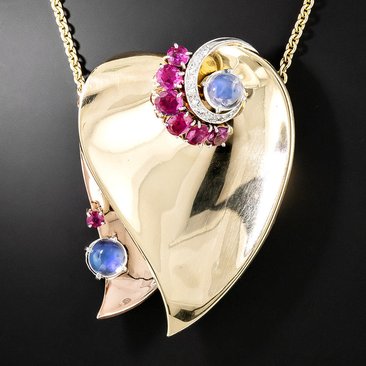 Large Retro Ruby, Diamond and Moonstones Heart Pendant/Brooch