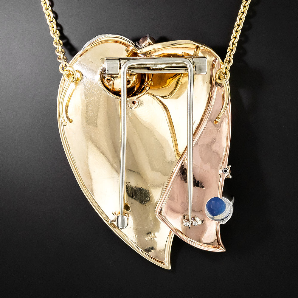 Large Retro Ruby, Diamond and Moonstones Heart Pendant/Brooch - 3
