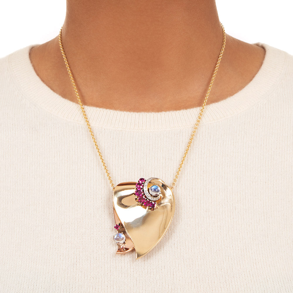 Large Retro Ruby, Diamond and Moonstones Heart Pendant/Brooch - 4