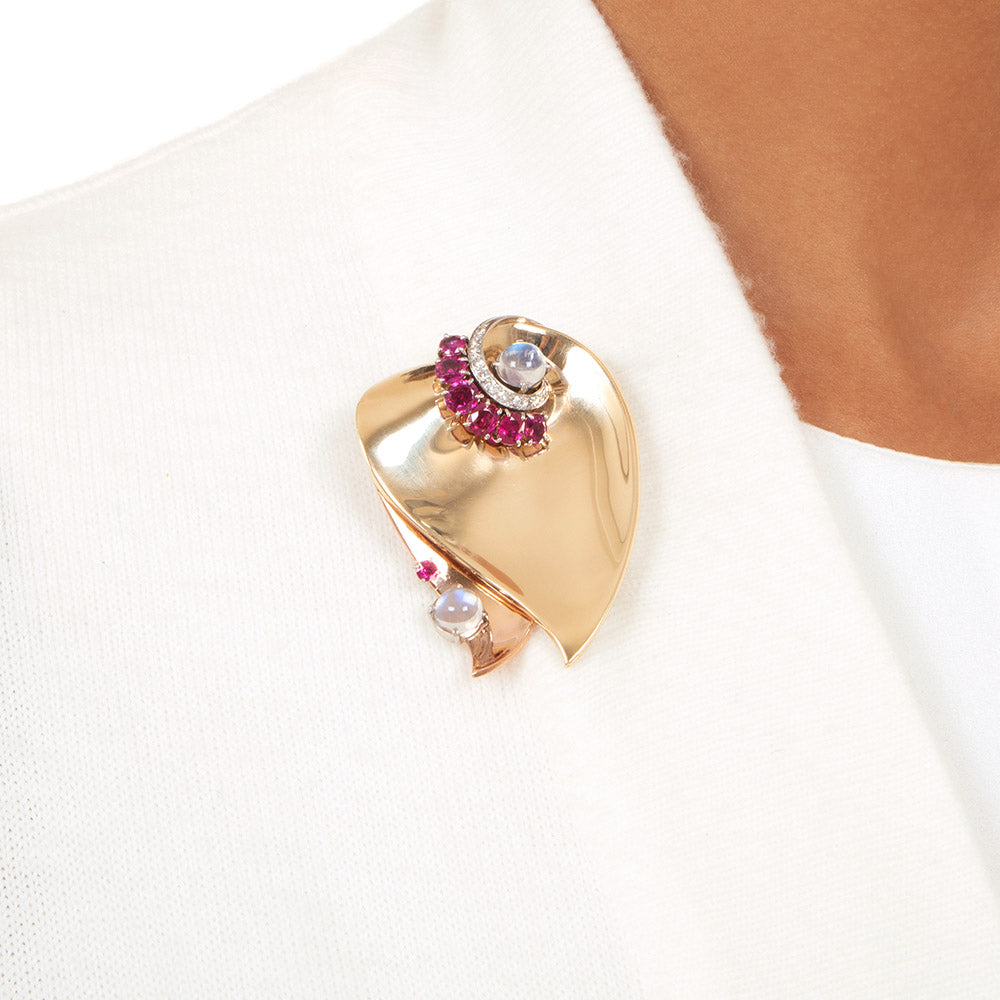 Large Retro Ruby, Diamond and Moonstones Heart Pendant/Brooch - 5