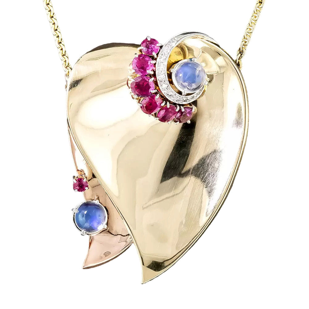 Large Retro Ruby, Diamond and Moonstones Heart Pendant/Brooch - 3