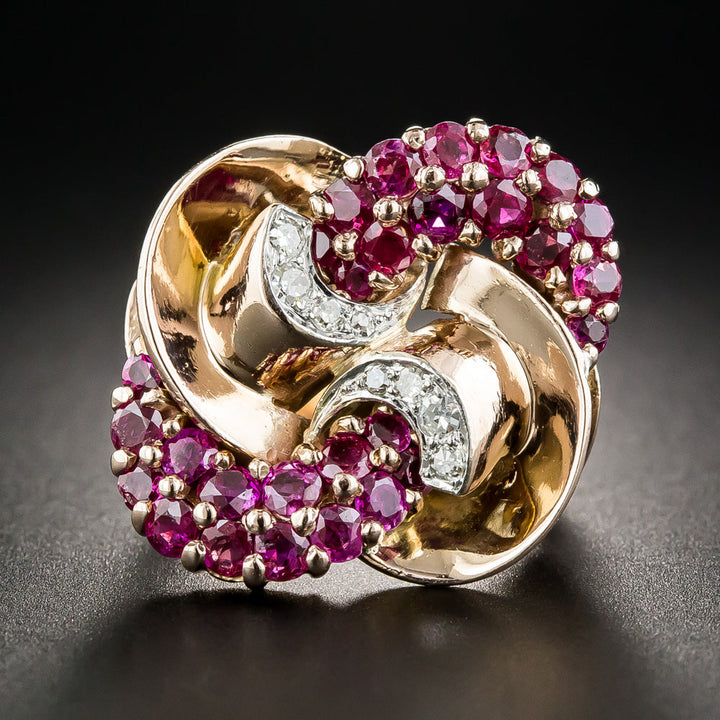 Large Retro Swirls Ruby and Diamond Ring