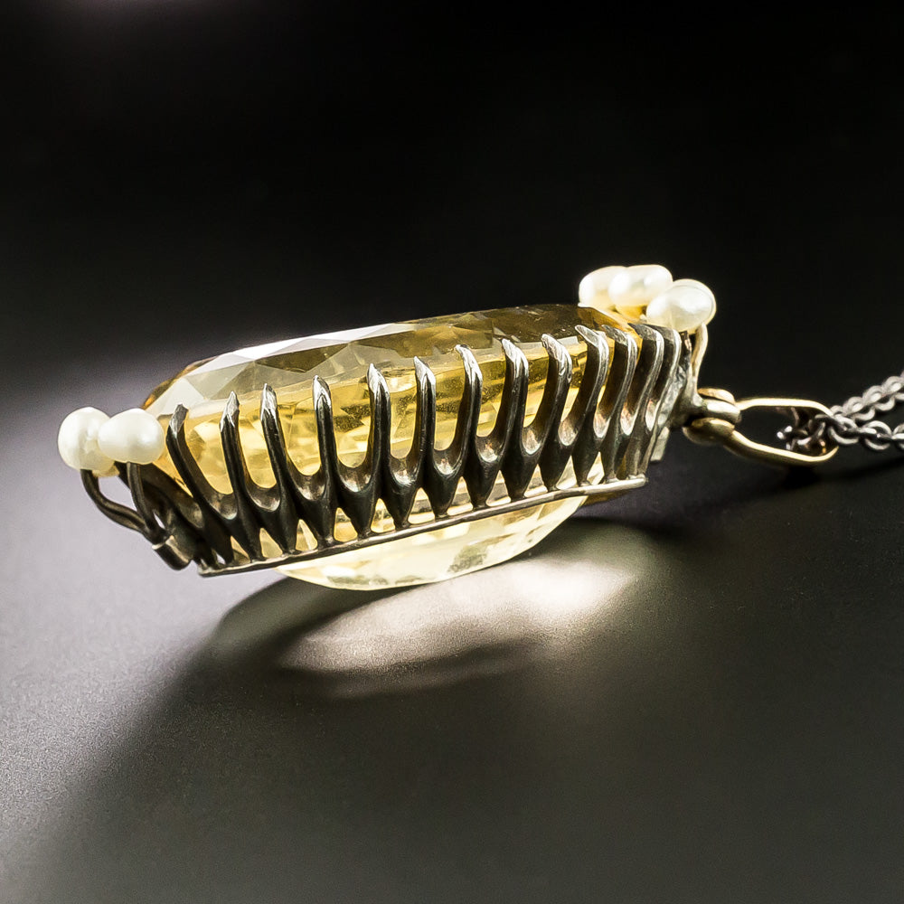 Large Victorian Citrine and Freshwater Pearl Pendant  - 4