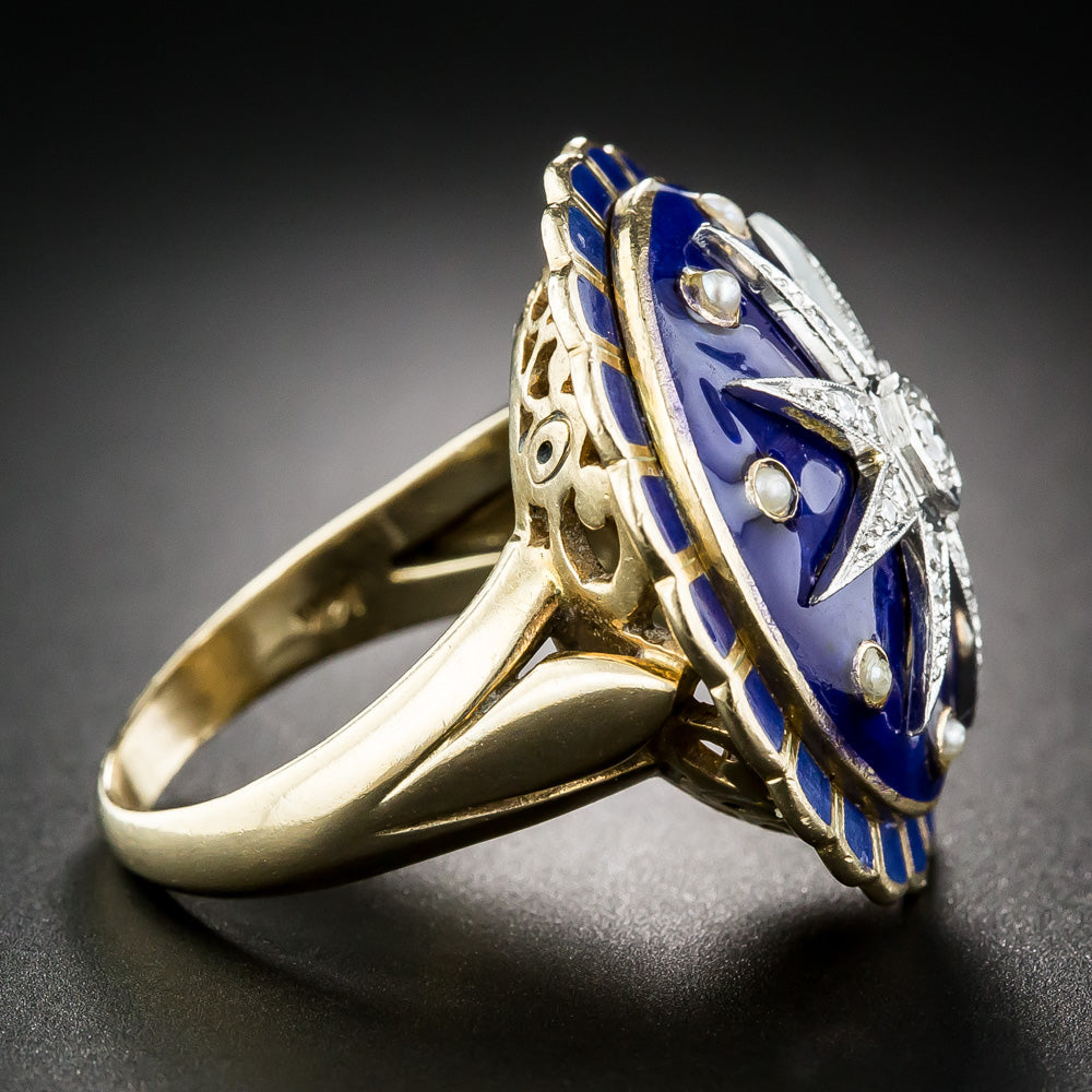 Victorian Revival Diamond and Enamel Cocktail Ring - 9