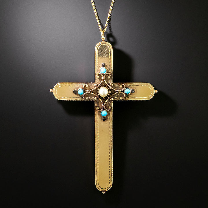 Large Victorian Turquoise and Pearl Cross Pendant/Brooch