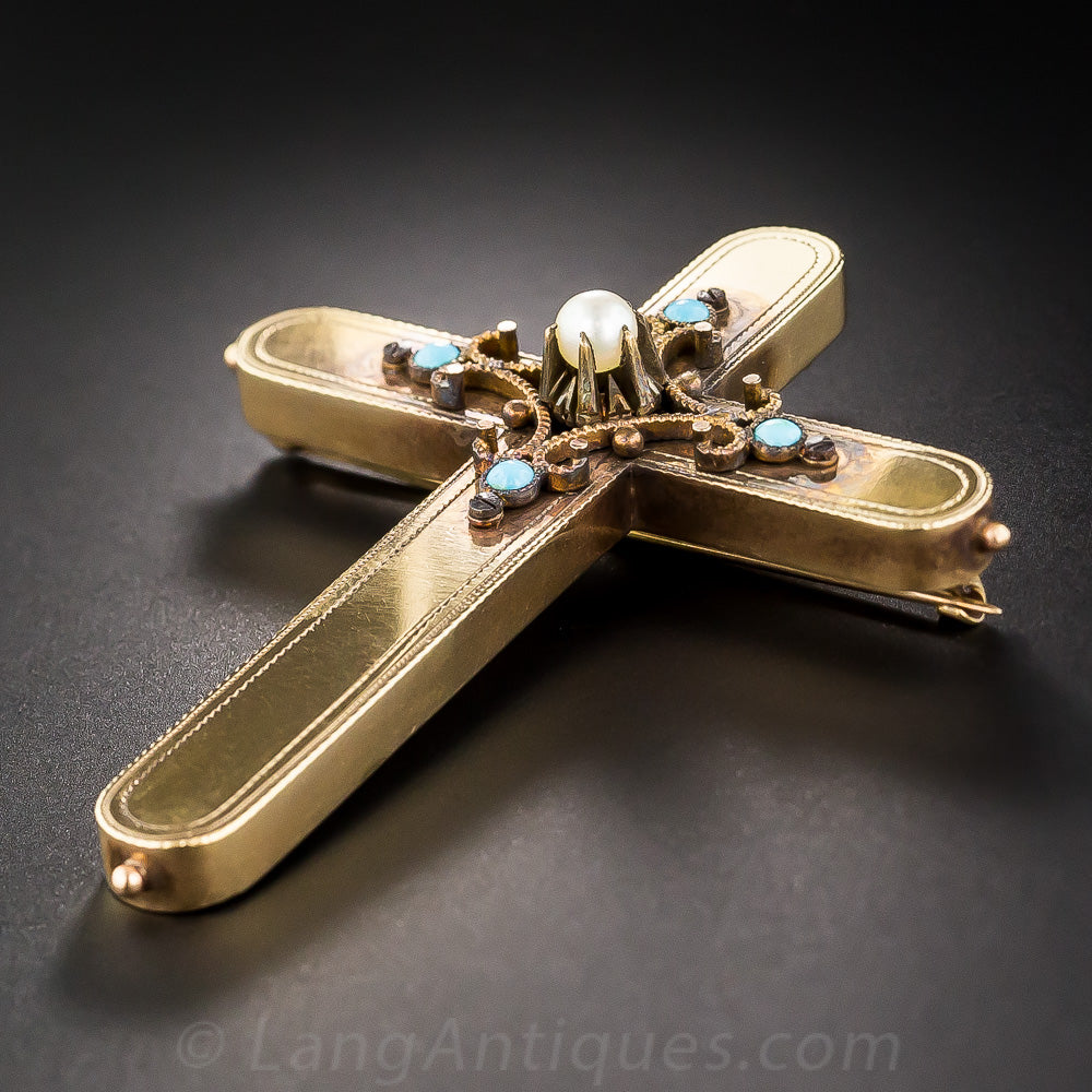 Large Victorian Turquoise and Pearl Cross Pendant/Brooch - 3