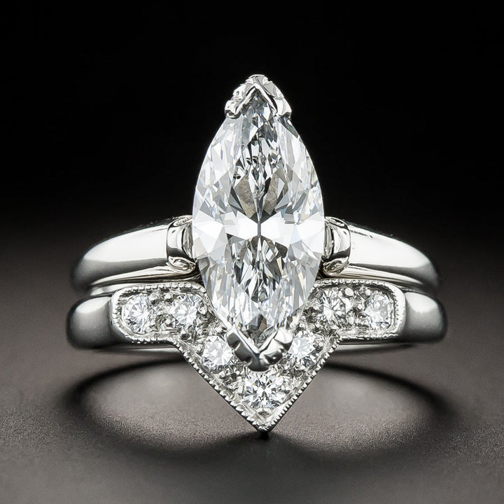 Late-Art Deco 1.83 Carat Marquise Diamond Engagement Ring Set - GIA D SI2