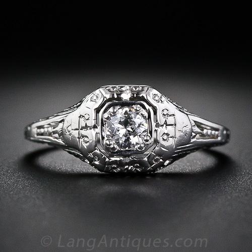 Late Art Deco .15 Carat Filigree Diamond Engagement Ring - 1