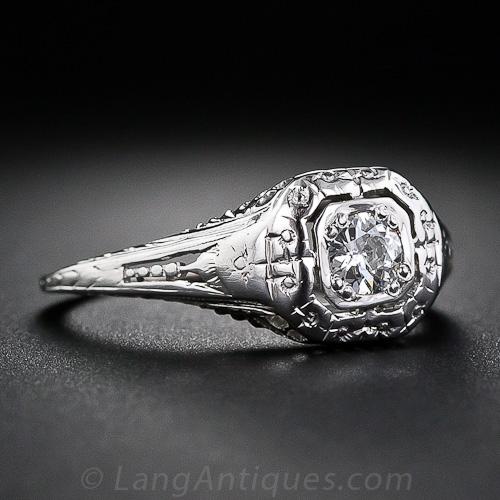 Late Art Deco .15 Carat Filigree Diamond Engagement Ring - 2