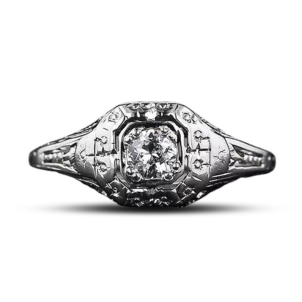 Late Art Deco .15 Carat Filigree Diamond Engagement Ring - 6