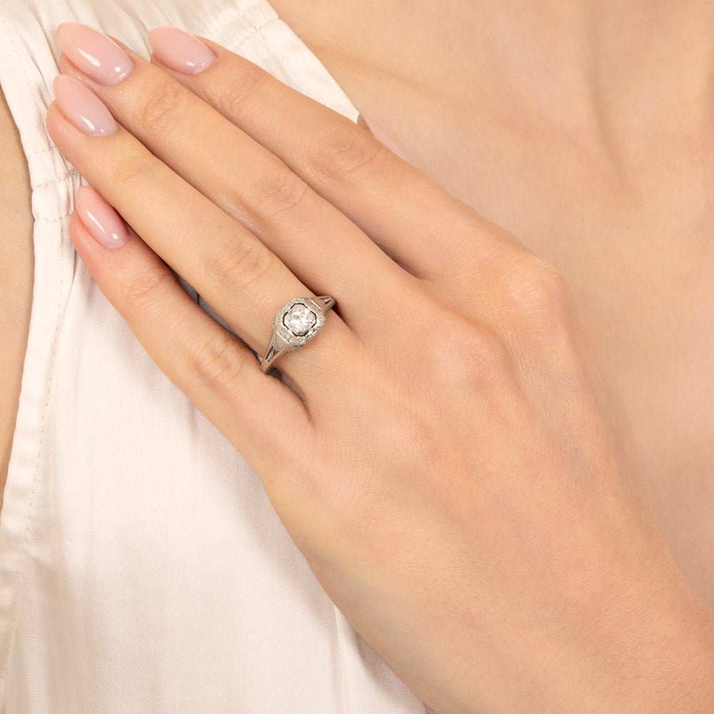 Late Art Deco .15 Carat Filigree Diamond Engagement Ring - 7