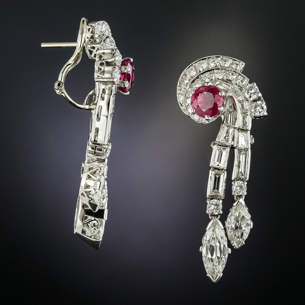 Late-Art Deco No-Heat Burma Ruby and Diamond Drop Earrings - 4