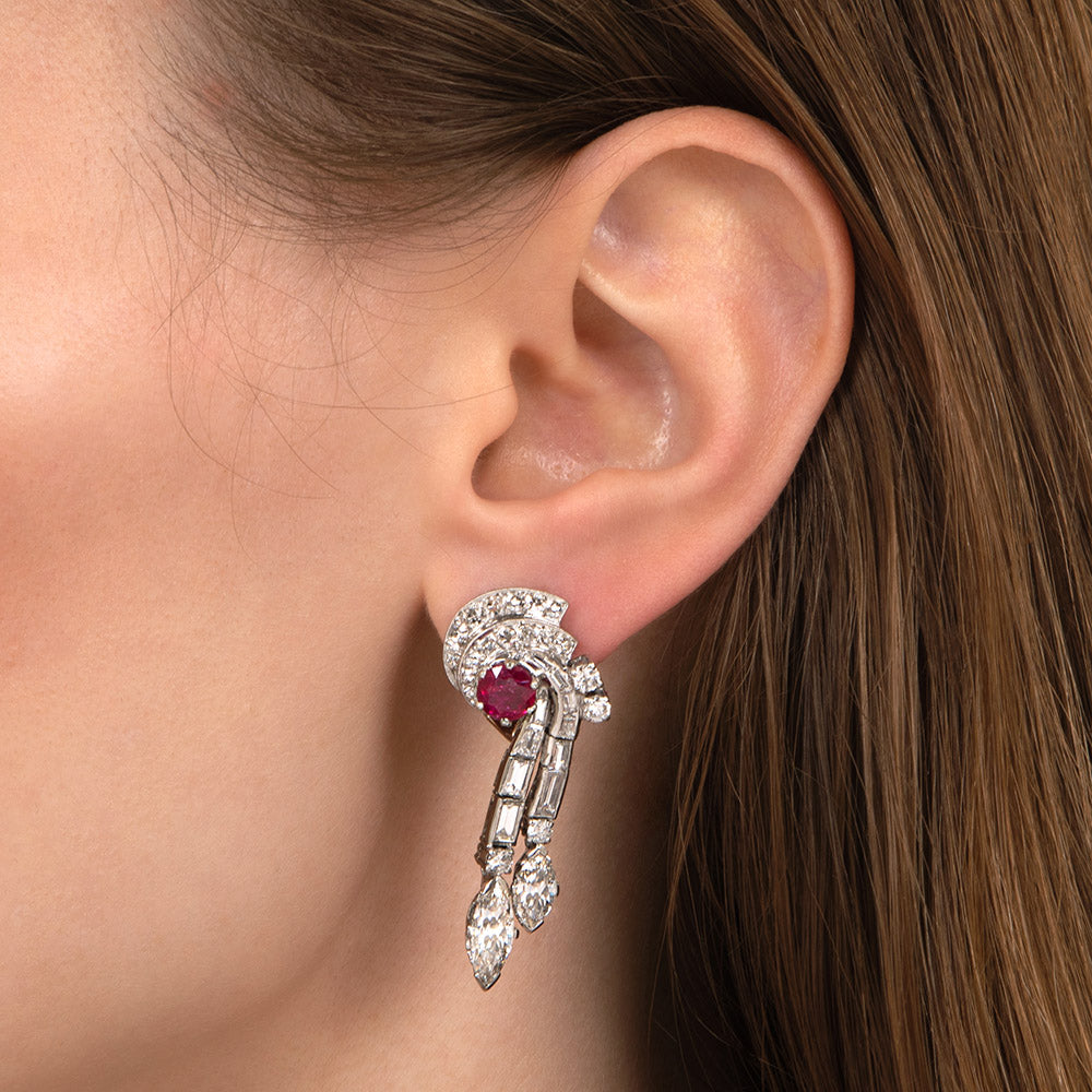 Late-Art Deco No-Heat Burma Ruby and Diamond Drop Earrings - 5