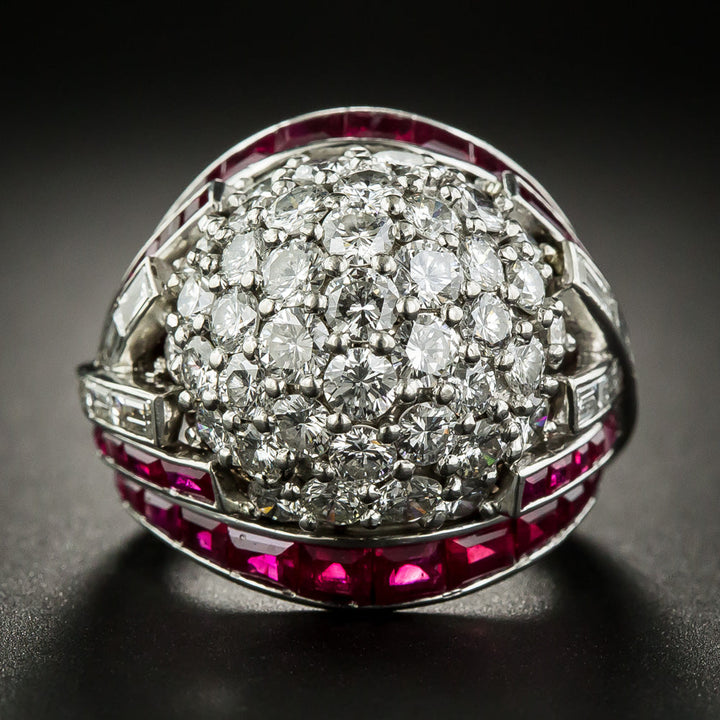Late Art Deco Platinum Diamond and Ruby Bombé Ring