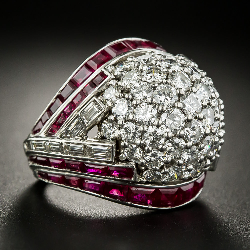 Late Art Deco Platinum Diamond and Ruby Bombé Ring - 7