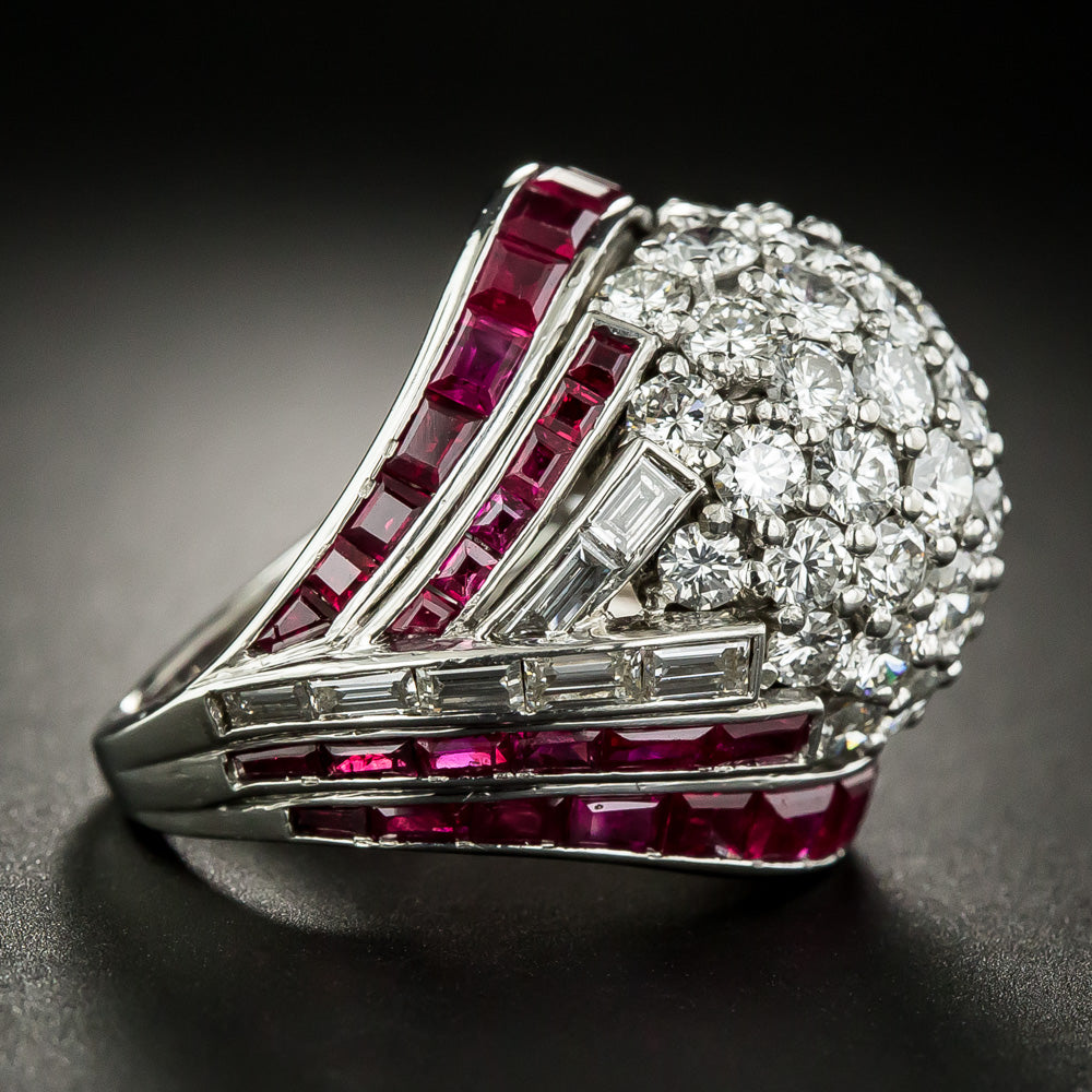Late Art Deco Platinum Diamond and Ruby Bombé Ring - 8