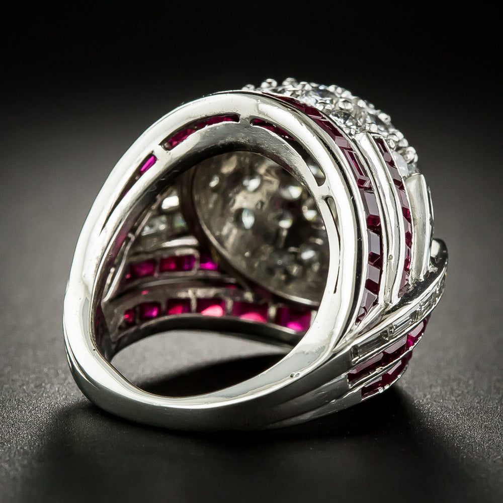 Late Art Deco Platinum Diamond and Ruby Bombé Ring - 9