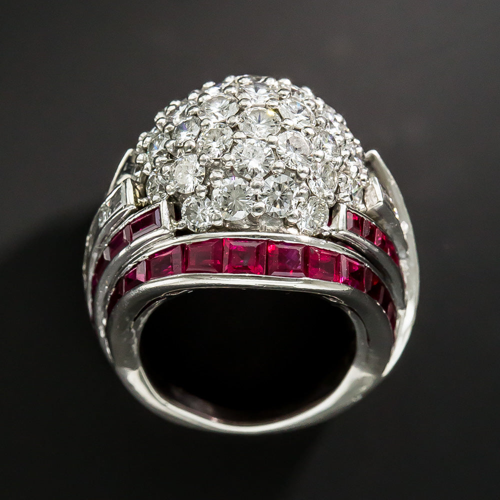 Late Art Deco Platinum Diamond and Ruby Bombé Ring - 10