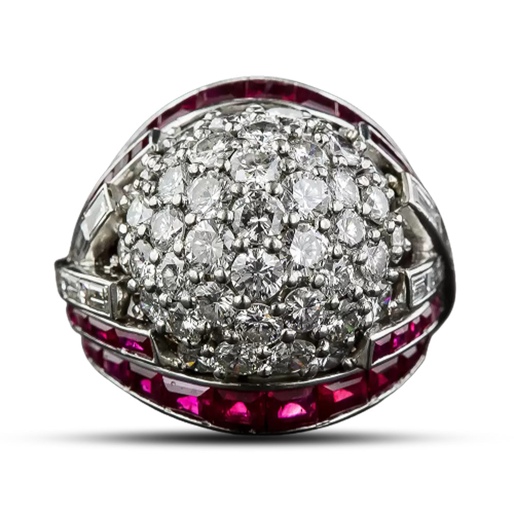 Late Art Deco Platinum Diamond and Ruby Bombé Ring - 7
