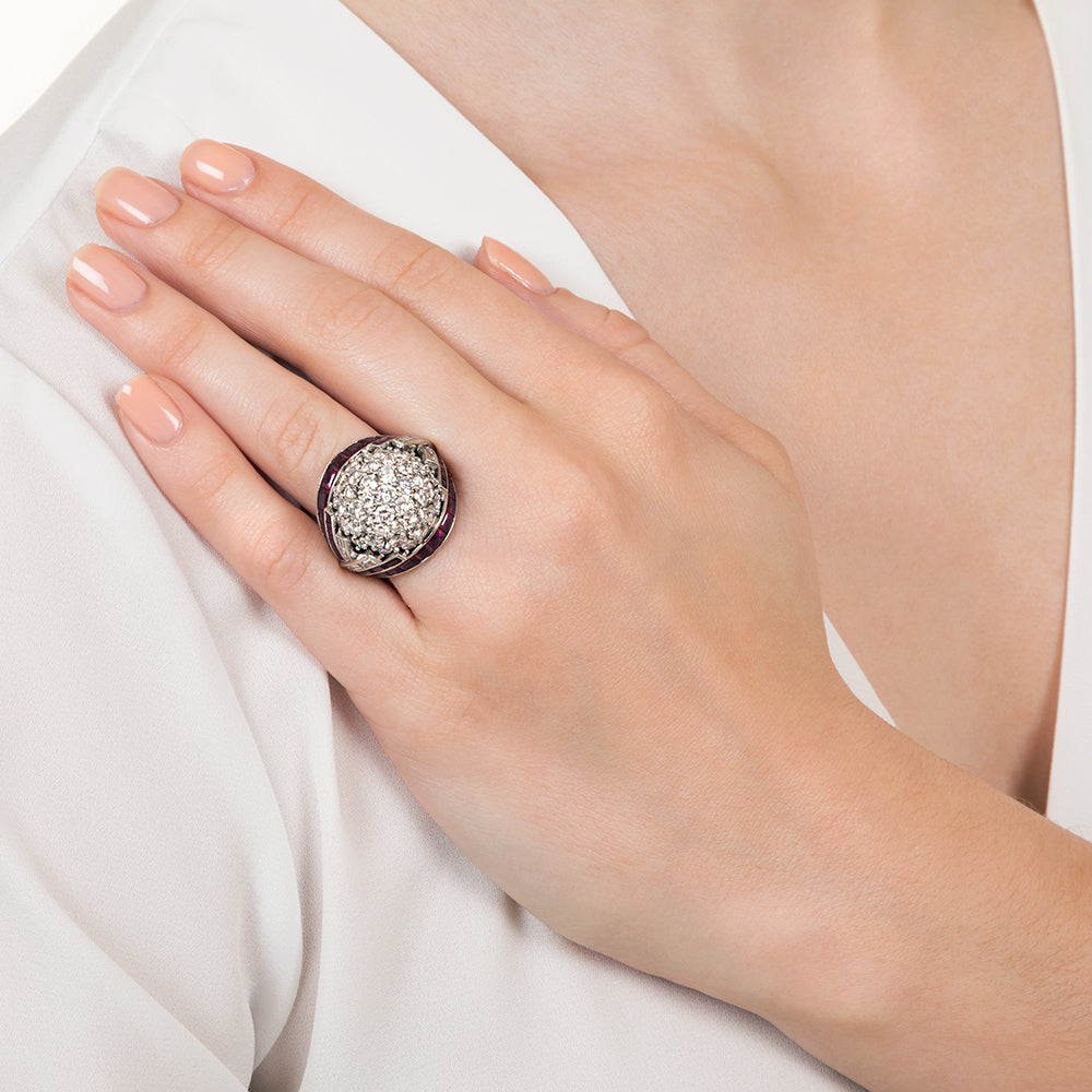 Late Art Deco Platinum Diamond and Ruby Bombé Ring - 8