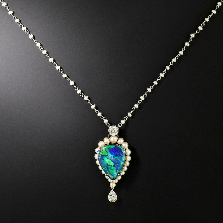 Late-Edwardian Black Opal, Pearl, and Diamond Necklace