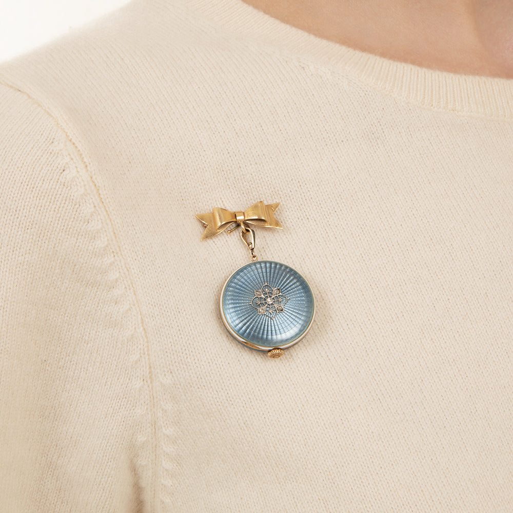 Late-Edwardian Blue Enamel Pendant Watch and Chain  - 11