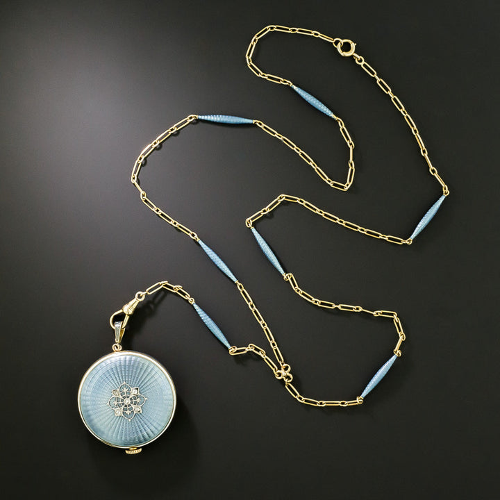 Late-Edwardian Blue Enamel Pendant Watch and Chain