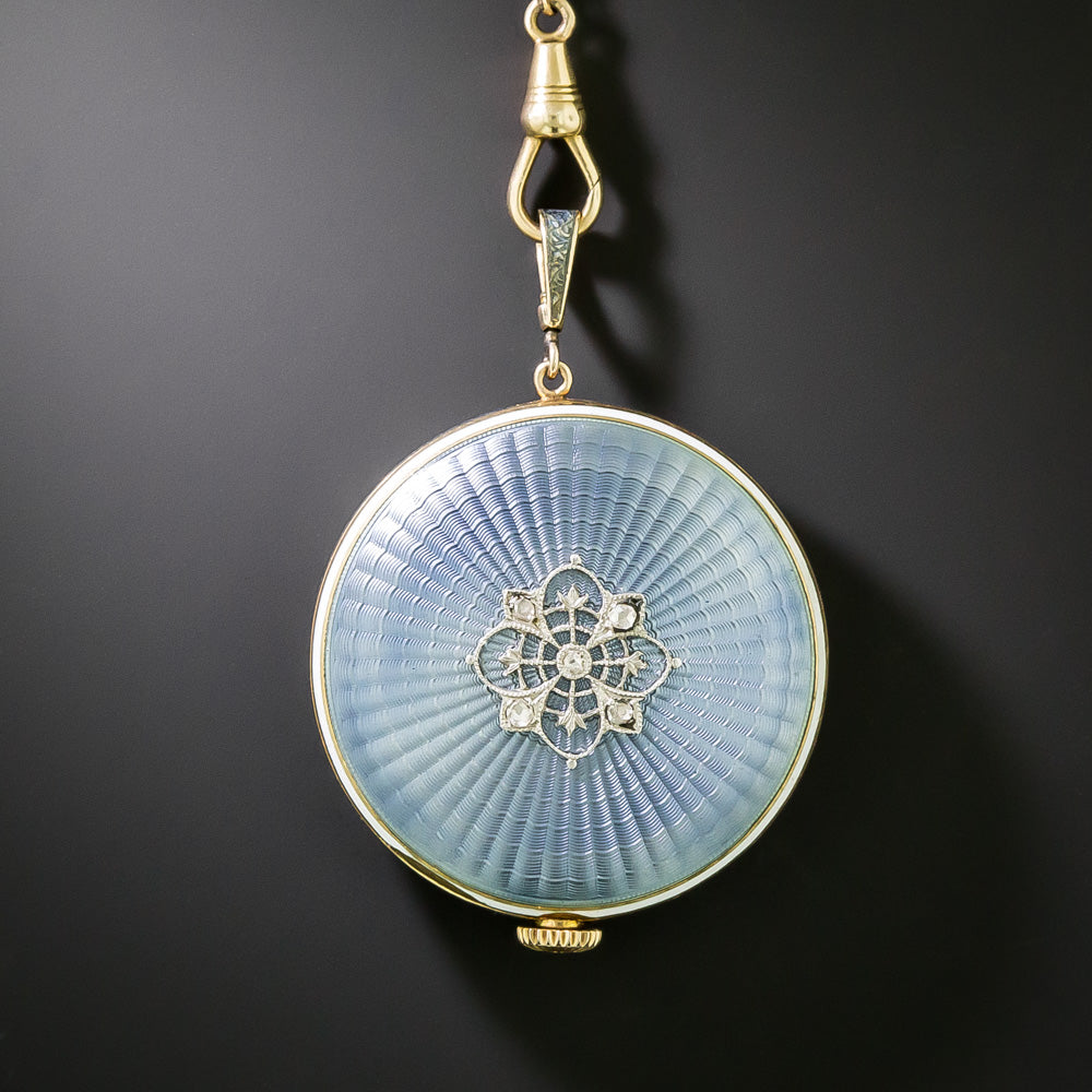 Late-Edwardian Blue Enamel Pendant Watch and Chain  - 3