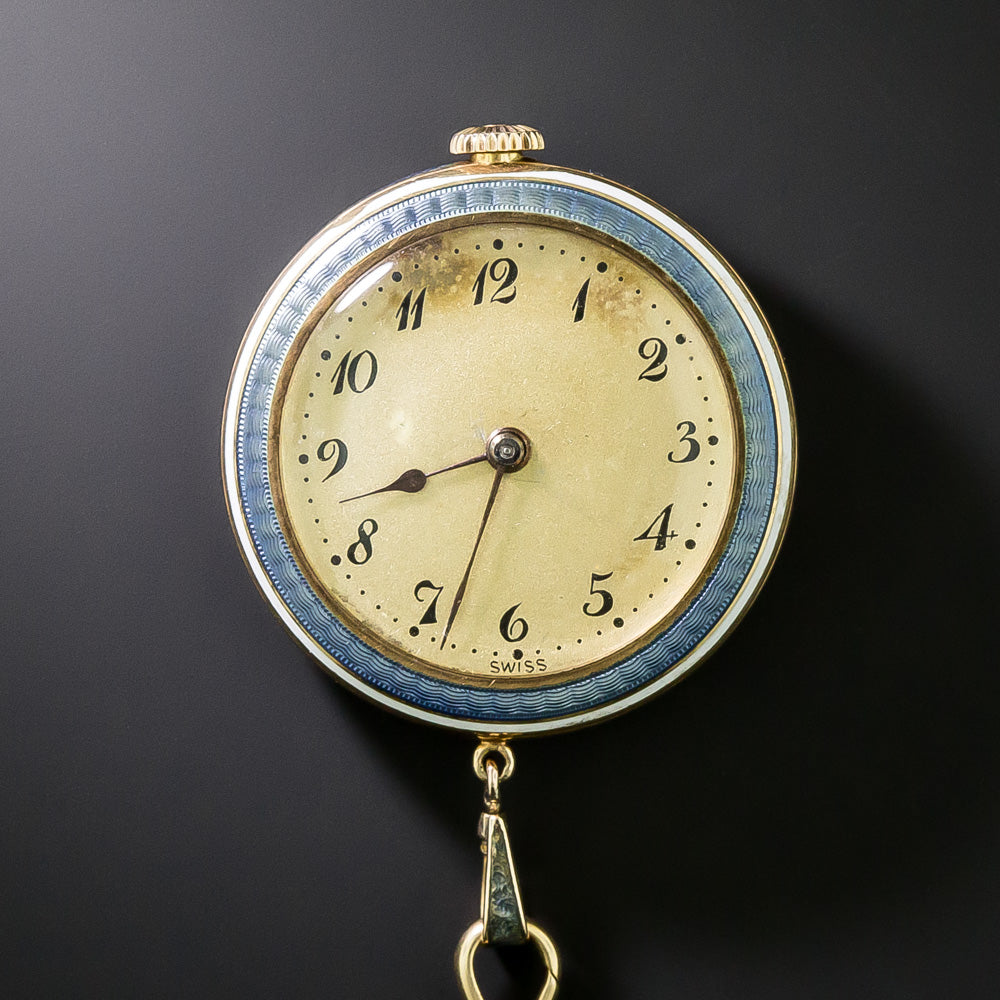 Late-Edwardian Blue Enamel Pendant Watch and Chain  - 4