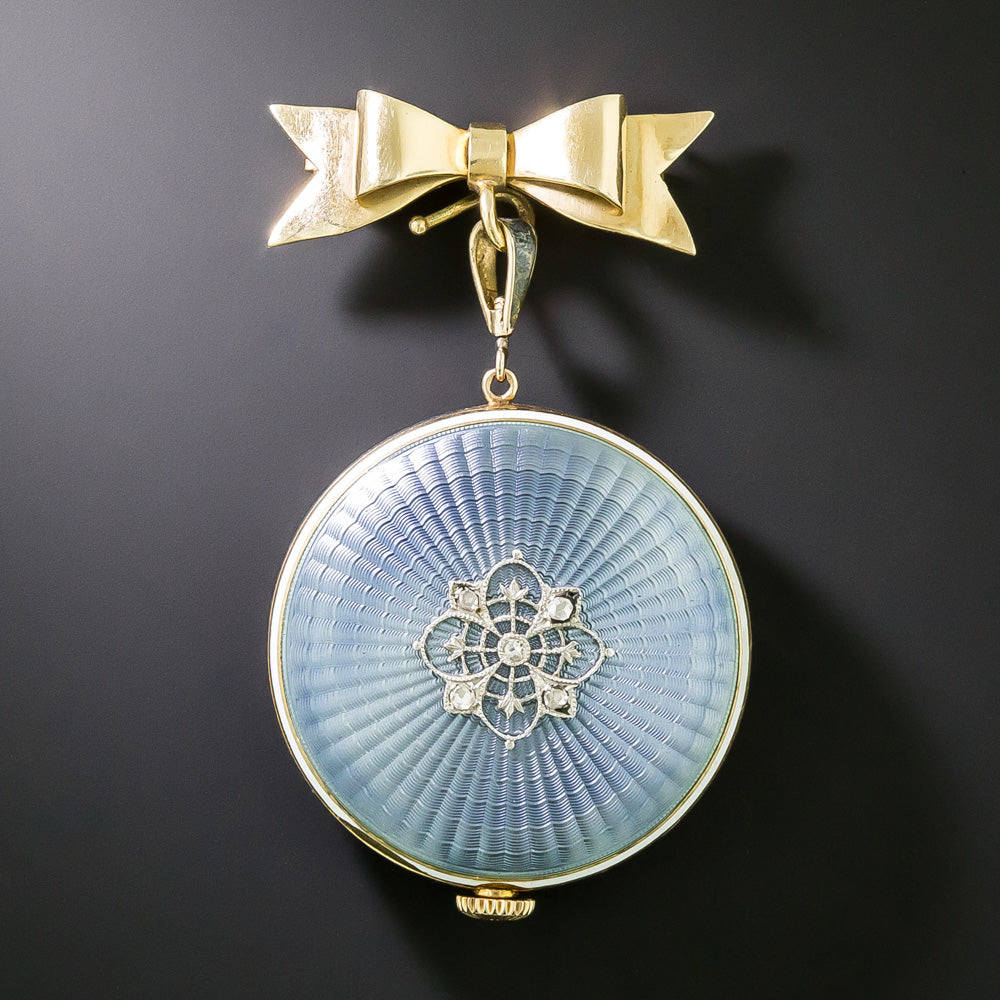 Late-Edwardian Blue Enamel Pendant Watch and Chain  - 5