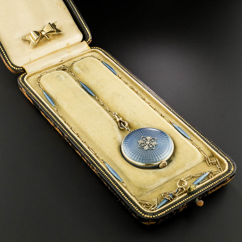 Late-Edwardian Blue Enamel Pendant Watch and Chain  - 7