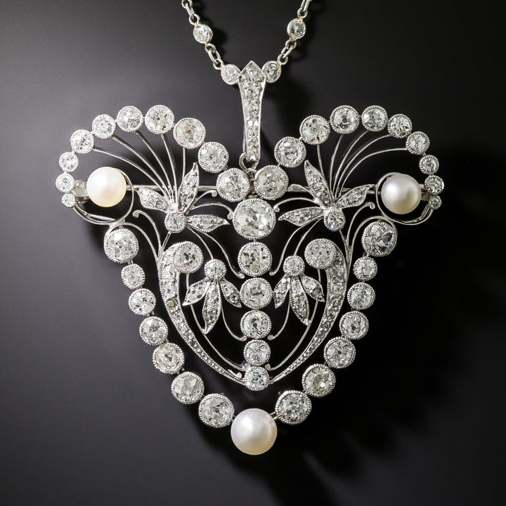 Late-Edwardian Diamond and Natural Pearl Brooch / Necklace