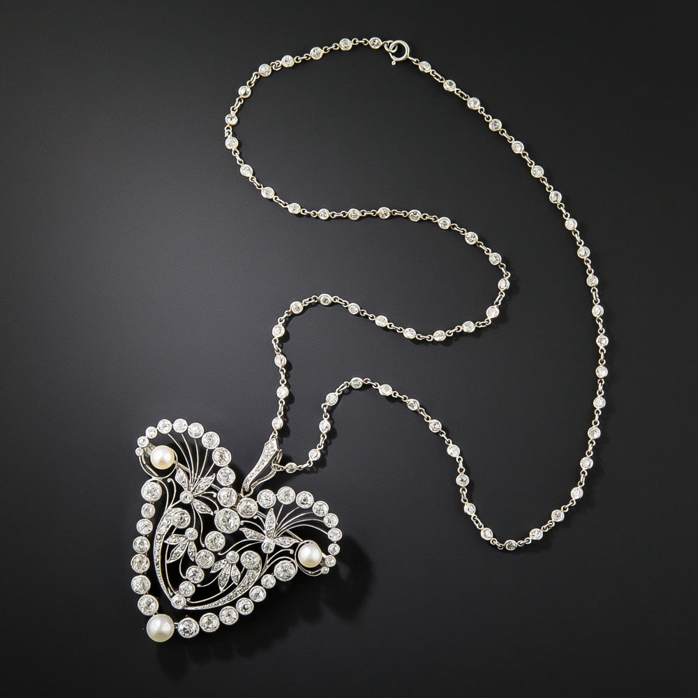 Late-Edwardian Diamond and Natural Pearl Brooch / Necklace - 3
