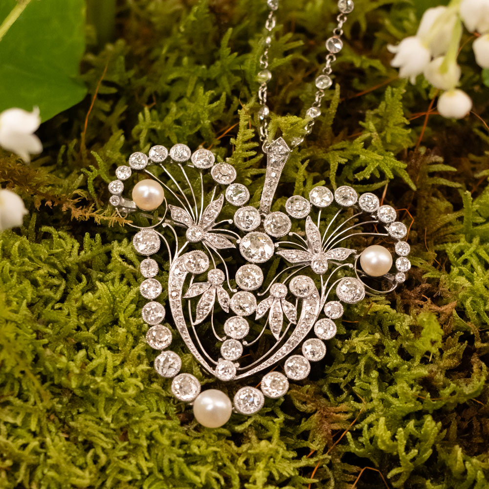 Late-Edwardian Diamond and Natural Pearl Brooch / Necklace - 14