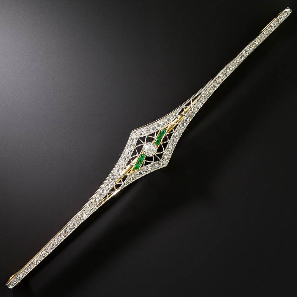 Long Art Deco Diamond and Emerald-Green Glass Bar Pin - 3