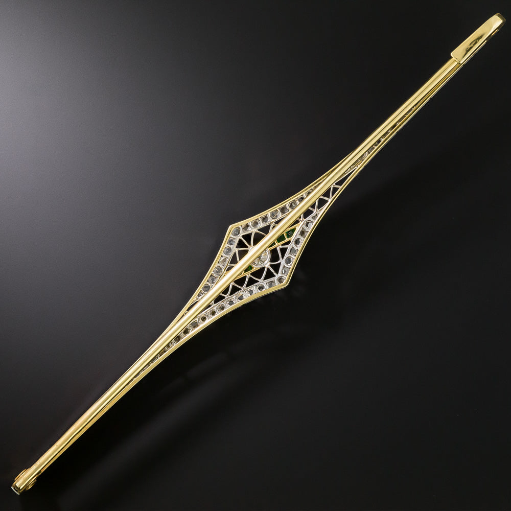 Long Art Deco Diamond and Emerald-Green Glass Bar Pin - 4