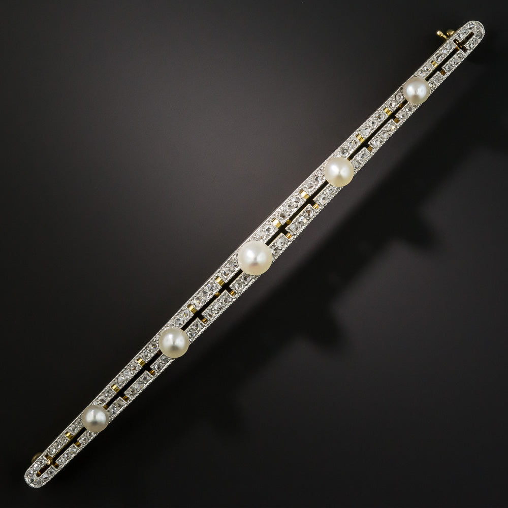 Long Edwardian Natural Pearl and Diamond Bar Pin - 2