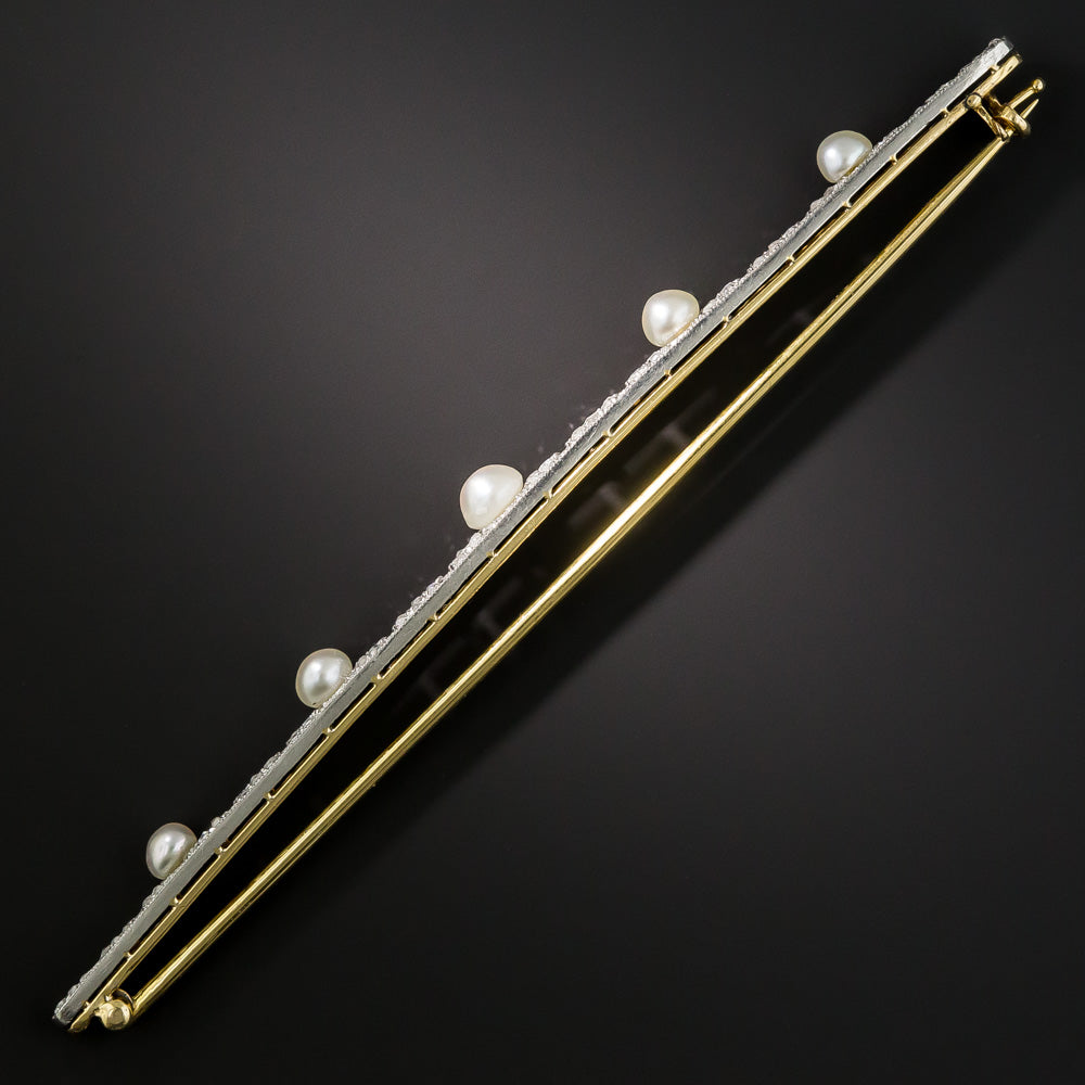 Long Edwardian Natural Pearl and Diamond Bar Pin - 4