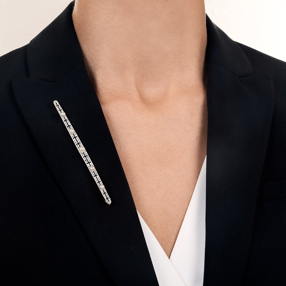 Long Edwardian Natural Pearl and Diamond Bar Pin - 5