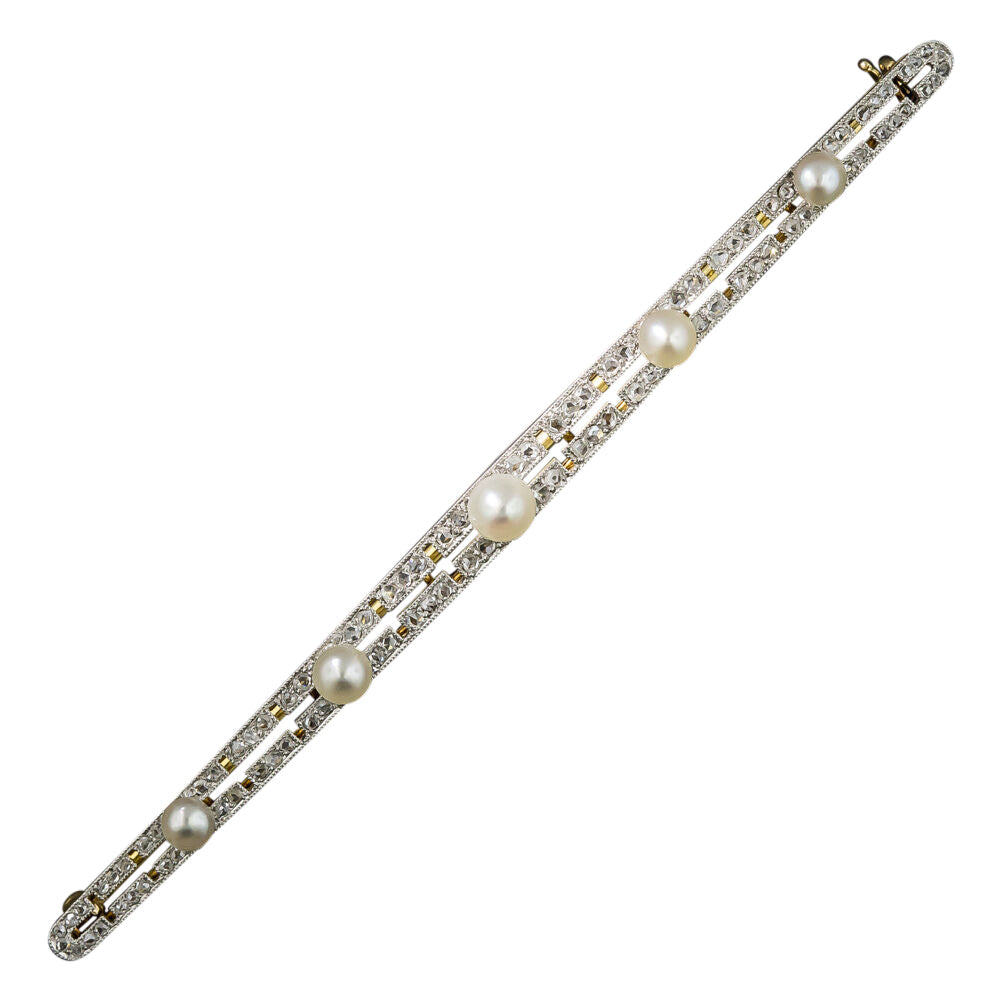 Long Edwardian Natural Pearl and Diamond Bar Pin - 3
